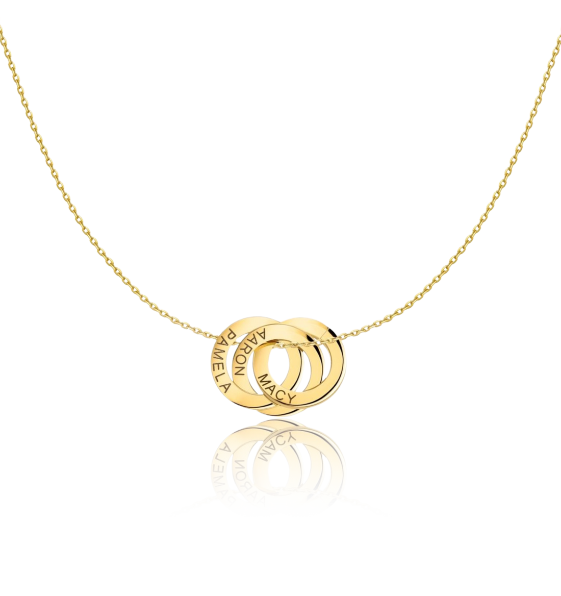 Close-up of Amity: three linked gold plated rings with example names.