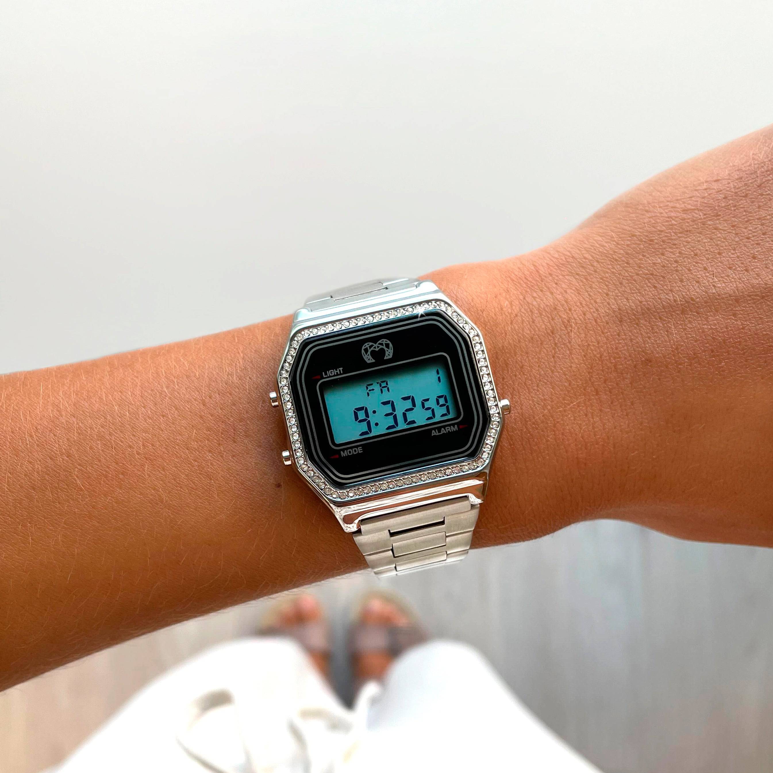 "Vintage Glitter" Digital Watch ~ Silver - SophiaJewels