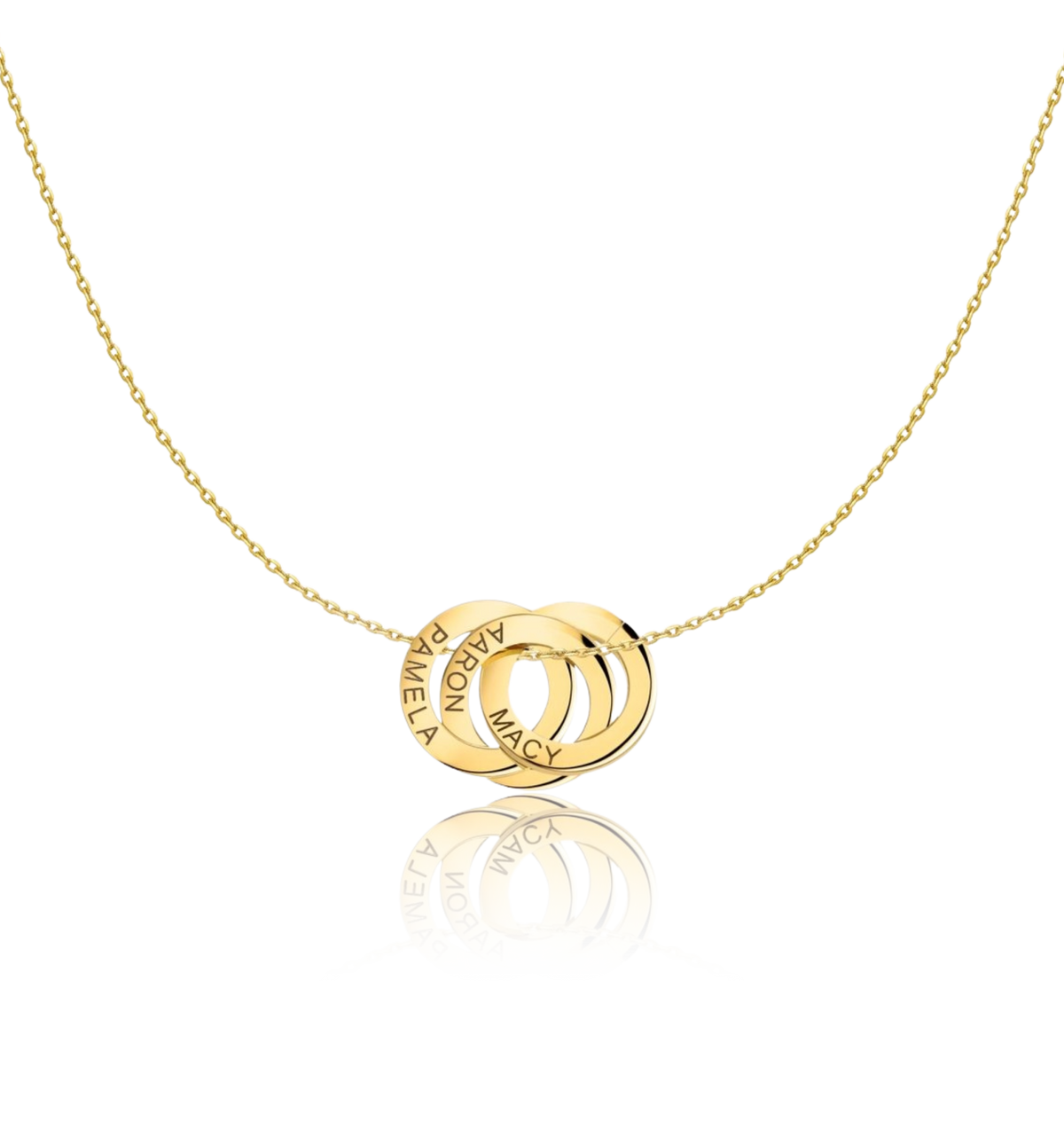Close-up of the gold Amity necklace with three linked rings and example names.