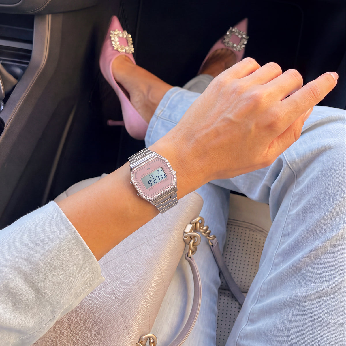 Vintage Glitter Digital Watch ~ Silver-Pink
